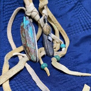 Braided Suede Belt with Feather Charms and Beads - Sterling and Turquoise